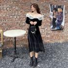 Off-shoulder Mesh Ruffled A-line Velvet Dress