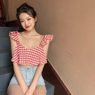 Ruffle Trim Gingham Cropped Camisole Top Gingham - Red & White - One Size