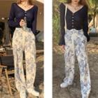 Long-sleeve V-neck Top / Rose Print Straight-leg Pants