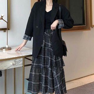 Set: Button Blazer + Midi A-line Plaid Skirt