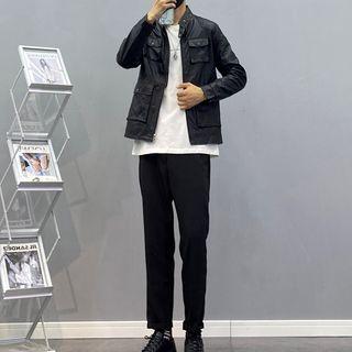 Faux-leather Slim-fit Jacket / Short-sleeve Lettering T-shirt / Plain Slim-fit Pants