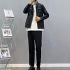 Faux-leather Slim-fit Jacket / Short-sleeve Lettering T-shirt / Plain Slim-fit Pants