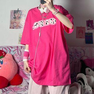 Short-sleeve Round Neck Letter Applique T-shirt Rose Pink - One Size