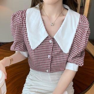 Puff-sleeve Contrast Collar Gingham Blouse