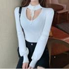 Choker-neck Tie-strap Knit Top