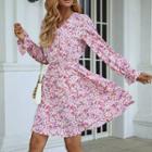 Floral Long-sleeve V-neck A-line Mini Dress