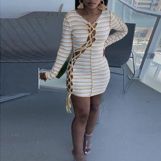 Long Sleeve V-neck Paneled Striped Mini Bodycon Dress
