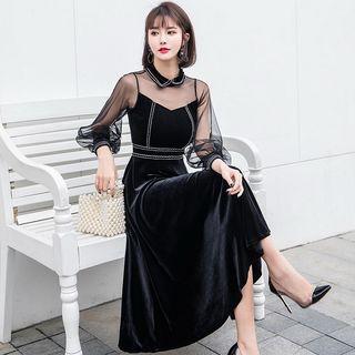 Long-sleeve Mesh Panel Midi A-line Collared Velvet Dress