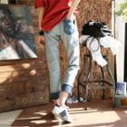 Two-tone Distressed Straight-cut Jeans