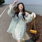 Long-sleeve Organza Dress Floral - White - One Size