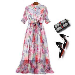 Short-sleeve Midi Floral A-line Dress