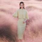 Set: Long-sleeve Midi Qipao + Shawl