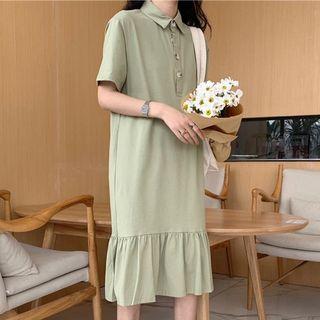 Short-sleeve Polo Neck Ruffle Trim Dress