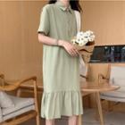 Short-sleeve Polo Neck Ruffle Trim Dress