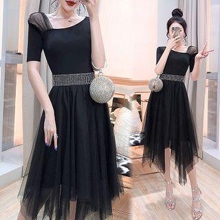 Set: Short-sleeve Irregular Top + Embellished Mesh A-line Skirt
