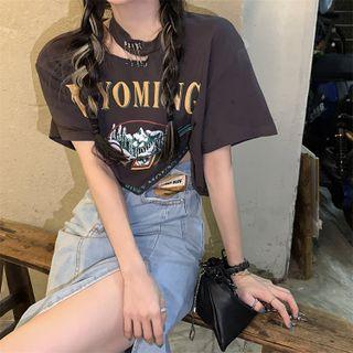 Short Sleeve Cut-out Printed Irregular Hem T-shirt Gray - One Size