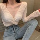 Long-sleeve Twisted Dotted Cropped Top
