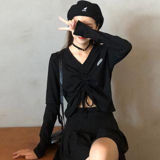 Drawstring Long-sleeve Cropped Top Black - One Size