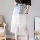 Lace Panel Midi A-line Denim Skirt