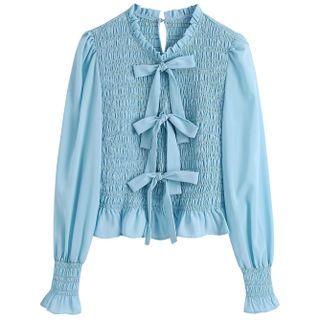Smocked Bow Cropped Blouse
