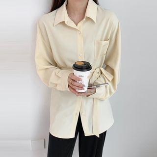 Plain Chiffon Oversize Shirt With Belt Light Yellow - One Size