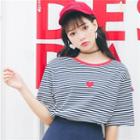 Heart Printed Striped Short-sleeve T-shirt Stripe - Navy Blue - One Size