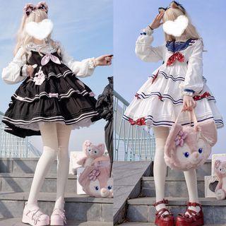 Set: Cat Ear Headpiece + Long-sleeve Bow Accent A-line Dress