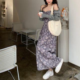 Floral Print Ruched Maxi A-line Tube Dress With Oversleeves
