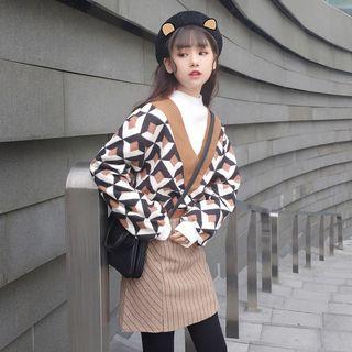 Mock Neck Patterned Pullover/ Stripe Mini A-line Skirt