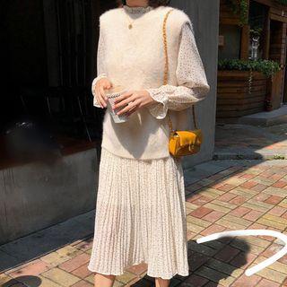 Printed Long-sleeve Pleated Midi Dress As Shown In Figure - One Size