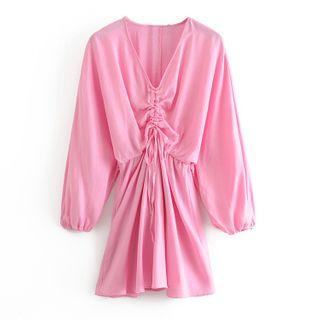 Drawstring Ruched Balloon-sleeve Mini A-line Dress