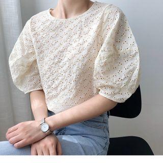 Round Neck Cutout Oversized Puff Short Sleeve Shirt