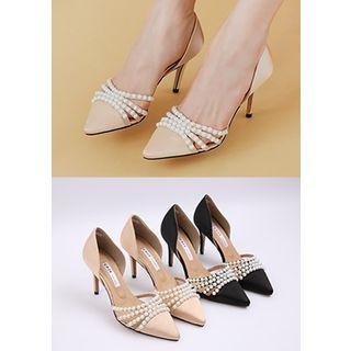 Faux-pearl Trim Satin Dorsay Stilettos