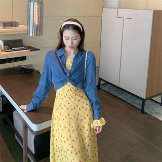 Floral Print Sleeveless Dress / Knot Denim Shirt