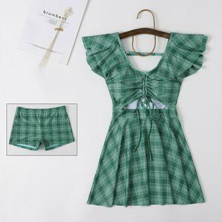 Set: Plaid Ruffled Swim Dress + Shorts