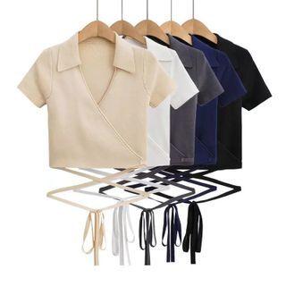 Short Sleeve Collar V-neck Tie-waist Crop Top