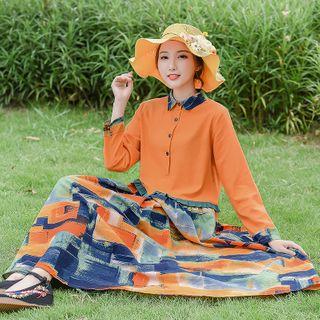 Long-sleeve Paneled Printed Midi A-line Dress