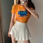 Short-sleeve Cropped Lettering T-shirt / Pleated A-line Mini Skirt
