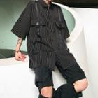 Strap-accent Striped Elbow-sleeve Shirt Black - One Size