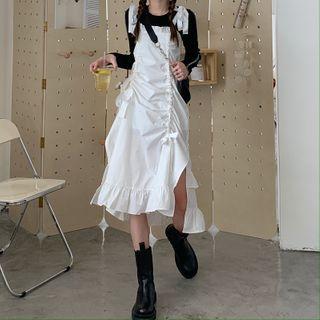 Long-sleeve T-shirt / Drawstring Midi A-line Overall Dress