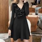V-neck Ruffled A-line Knit Dress