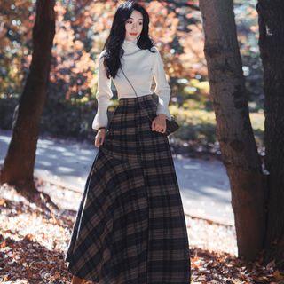 Set: Turtleneck Knit Top + Plaid A-line Maxi Skirt