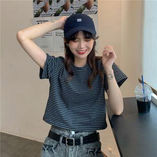 Short-sleeve Striped T-shirt Gray & Black - One Size