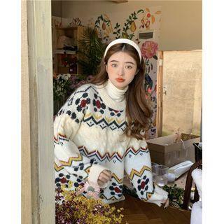 Long-sleeve Round-neck Patterned Sweater Off-white - One Size