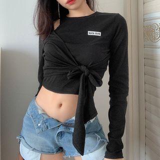 Asymmetric Tie-front Long-sleeve Cropped T-shirt