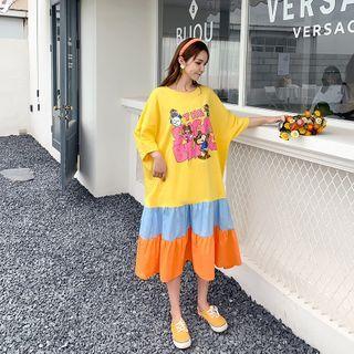Contrast Panel Short-sleeve Cartoon Print Midi A-line Dress