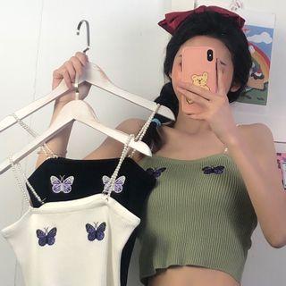 Butterfly Embroidered Cropped Knit Camisole Top