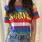Lettering Short-sleeve Striped T-shirt Stripes - Multicolor - One Size