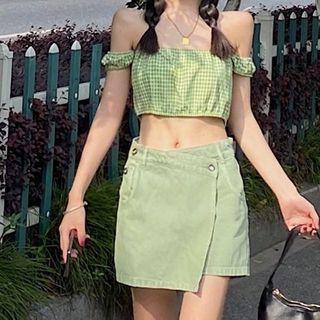 Plaid Off-shoulder Cropped Top / High-waist Shorts