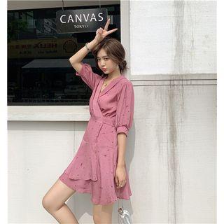 3/4-sleeve Printed Chiffon A-line Mini Dress